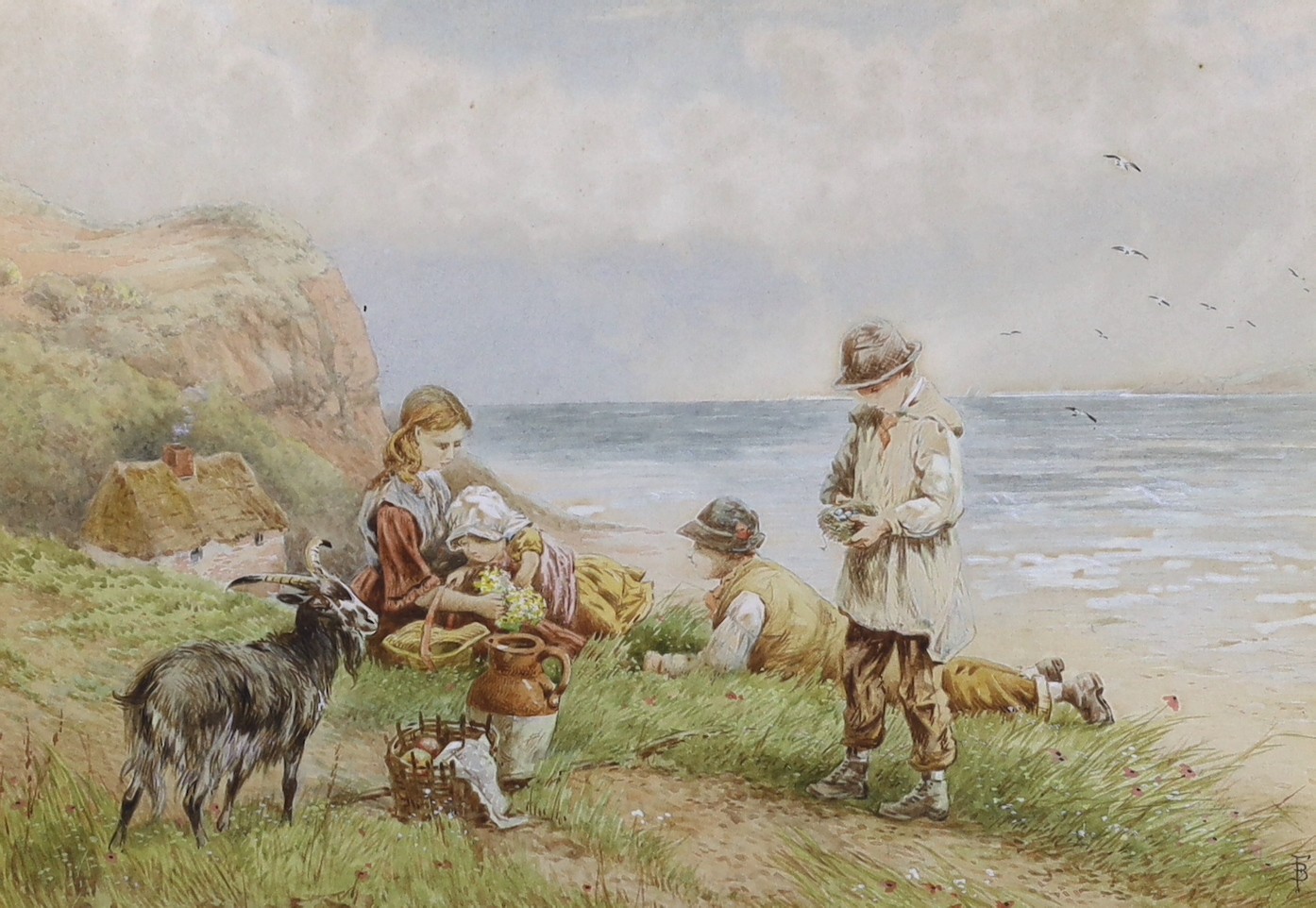 After Myles Birkett Foster (1825-1899) watercolour, Children with a goat, resting on a coastal path, bears monograms, 17 x 24cm